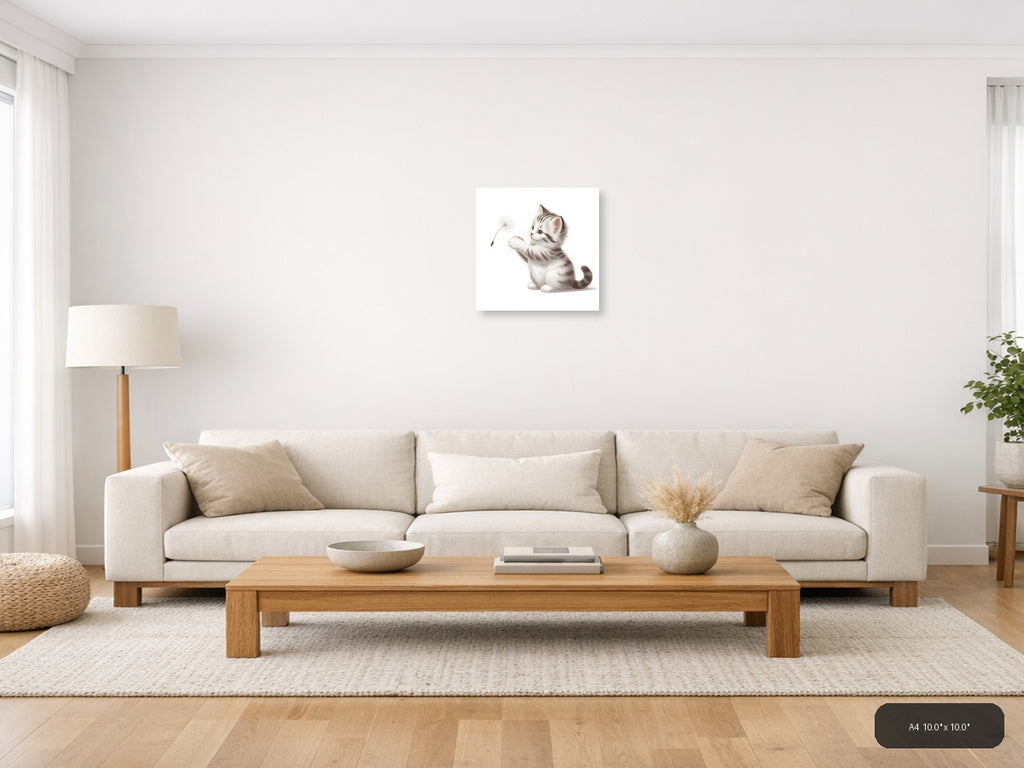 Cute Kitten with Dandelion Minimalist Wall Art — A4 / Living Room