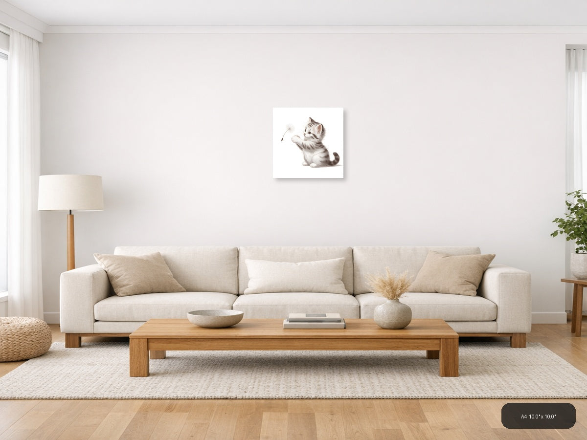 Cute Kitten with Dandelion Minimalist Wall Art — A4 / Living Room