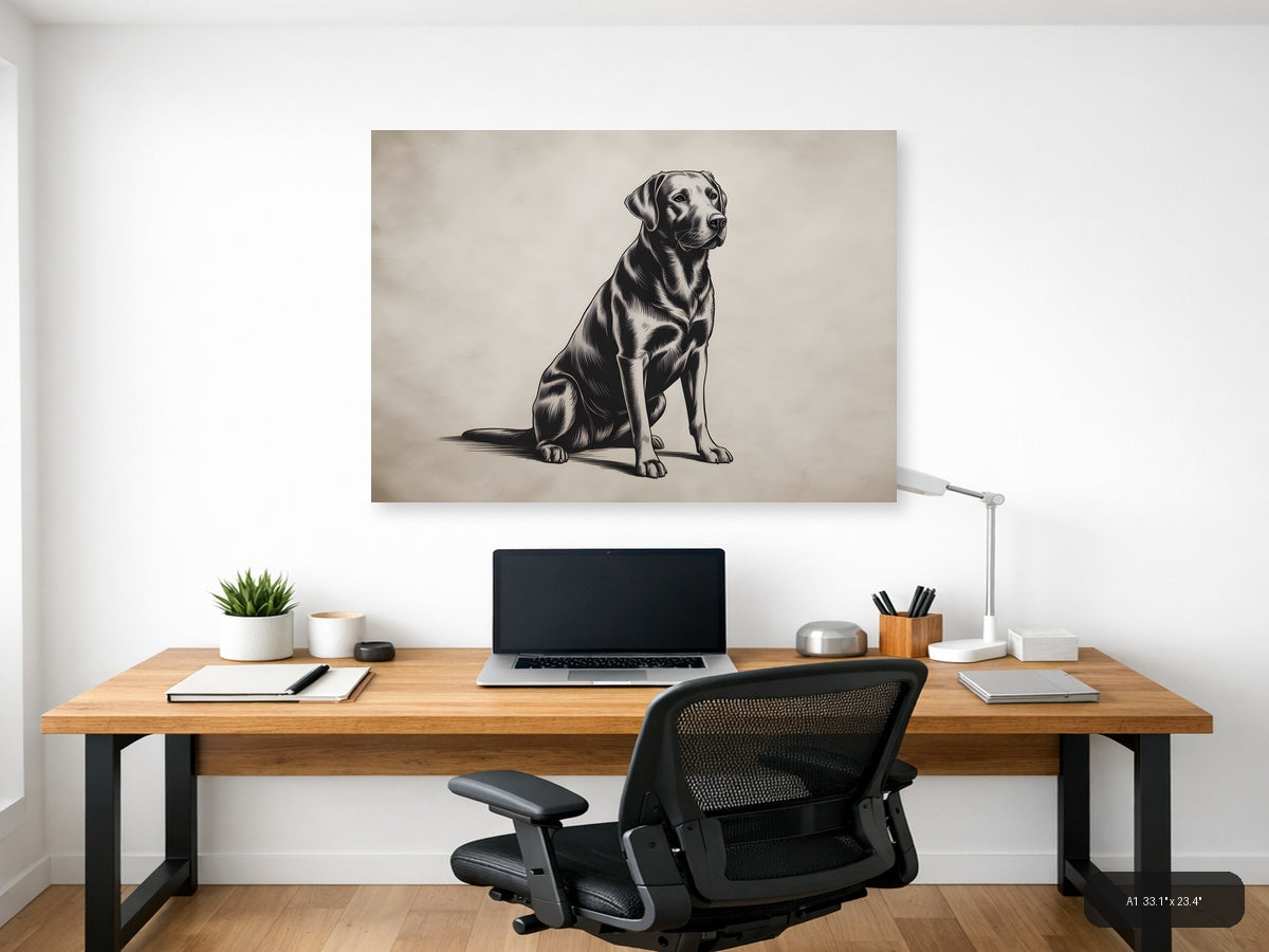 Sitting Labrador Retriever Line Art Black & White Wall Art — A1 / Office