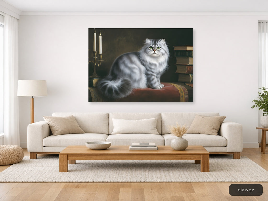 White Fluffy Cat with Green Eyes Portrait Photography Wall Art — A1 / Living Room