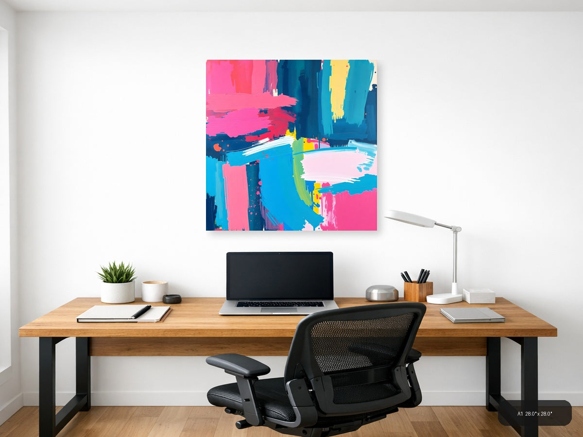Vibrant Abstract Brushstrokes Cyan Pink Yellow Wall Art — A1 / Office