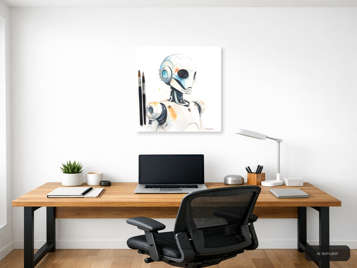 Futuristic Robot Portrait Watercolor Wall Art — A2 / Office