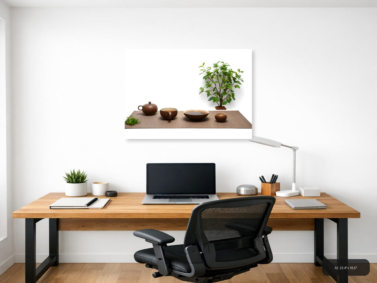 Minimalist Tea Ceremony Setup with Green Plant Wall Art — A2 / Office