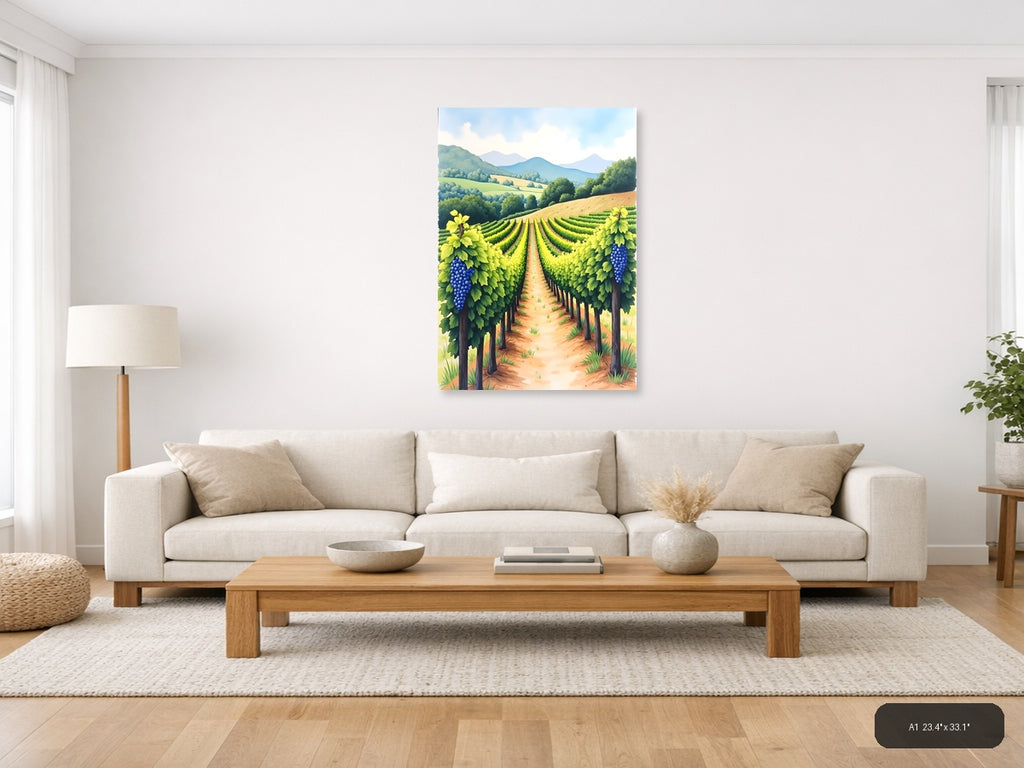 Vineyard Landscape Watercolor Wine Country Wall Art — A1 / Living Room