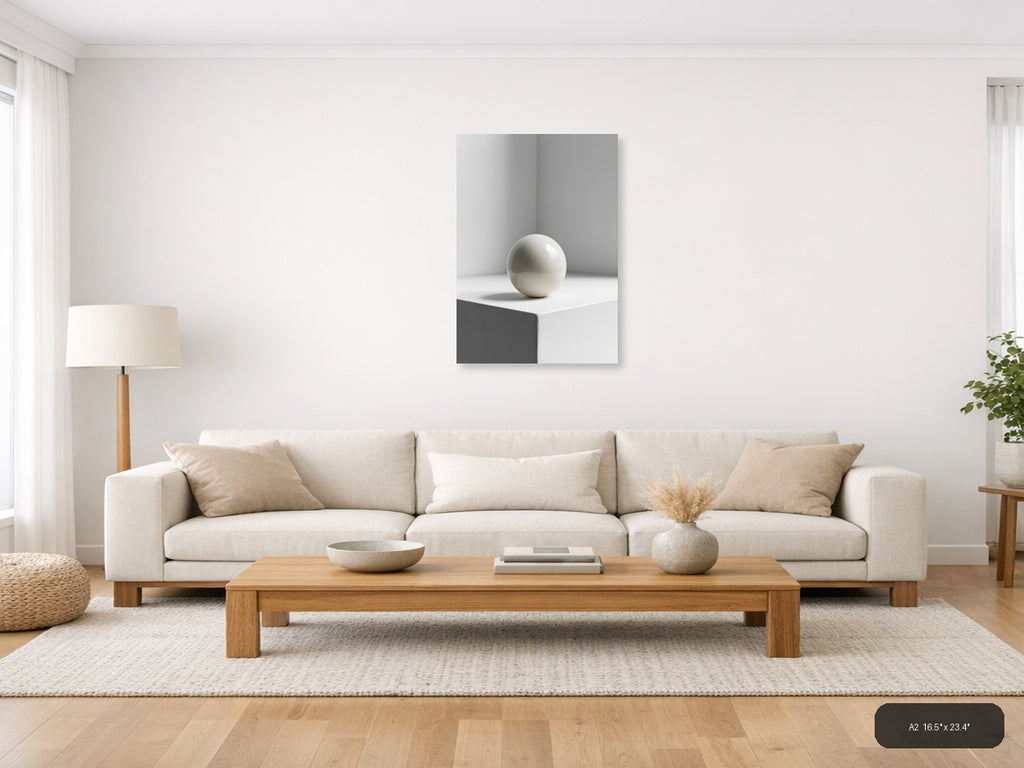 Minimalist White Sphere on Pedestal Wall Art — A2 / Living Room