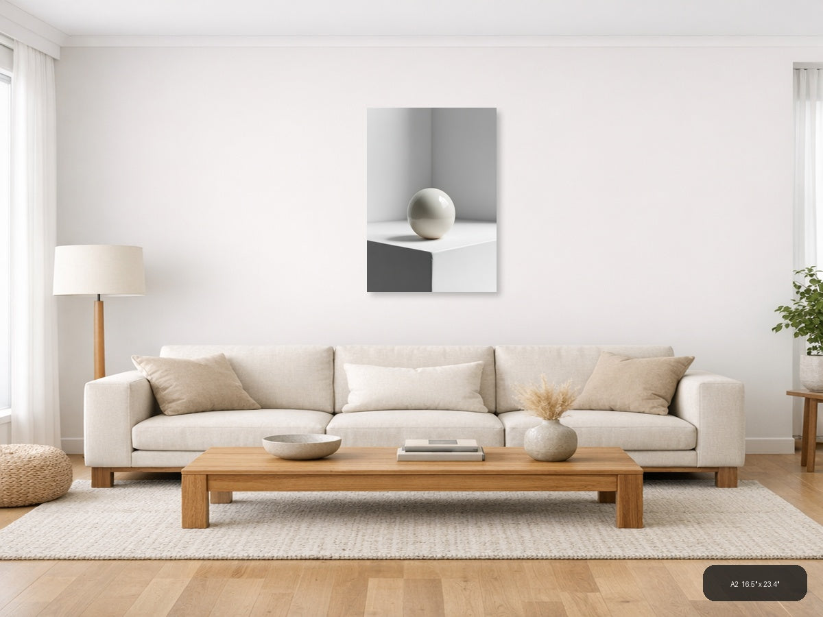 Minimalist White Sphere on Pedestal Wall Art — A2 / Living Room