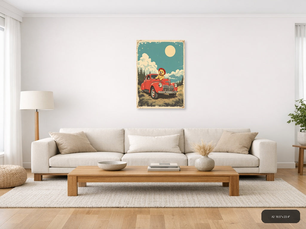 Vintage Teddy Bear in Red Truck Moonlight Wall Art — A2 / Living Room