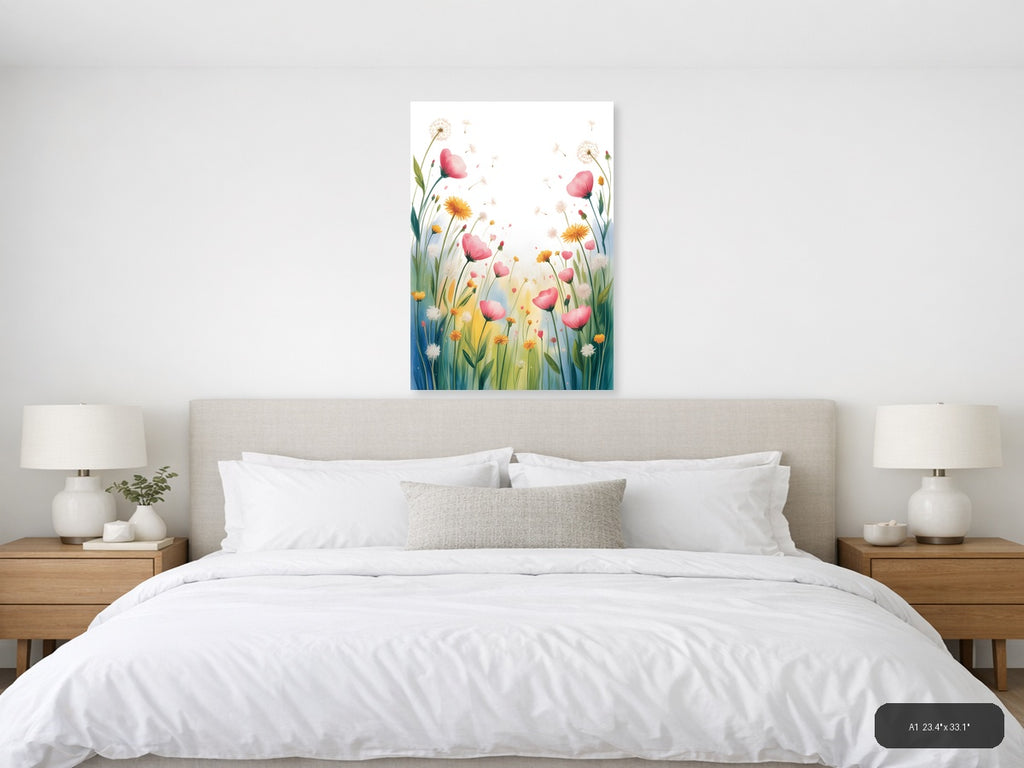 Pink Wildflowers & Dandelions Watercolor Wall Art — A1 / Bedroom