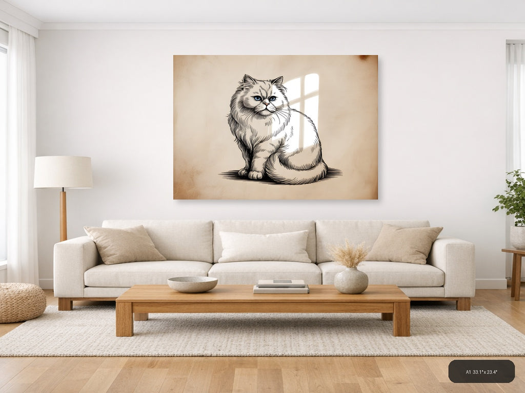 Fluffy Persian Cat Line Art Portrait Wall Art — A1 / Living Room