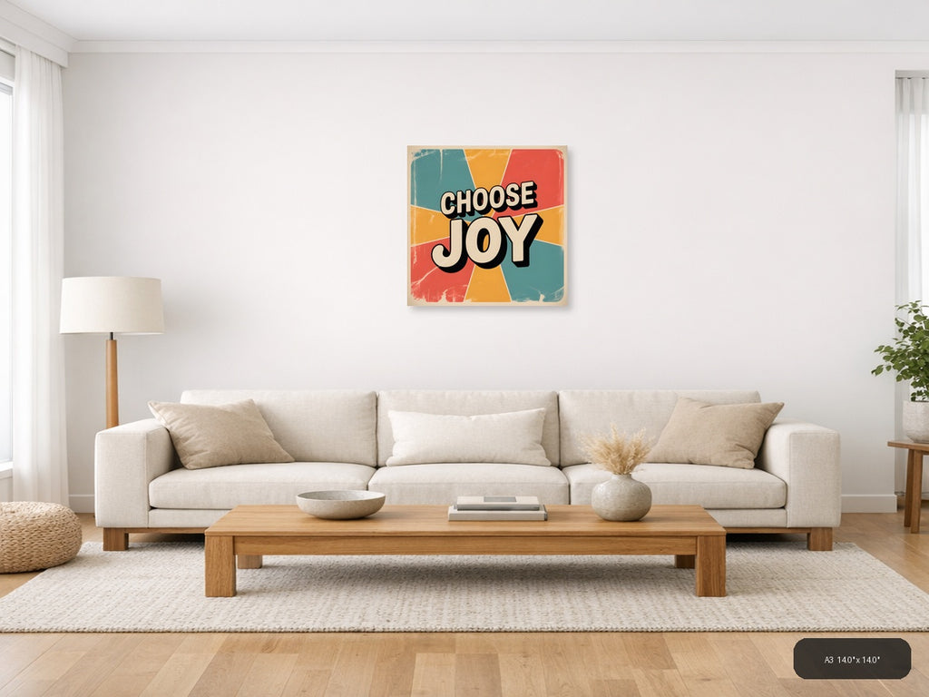 Choose Joy Vintage Retro Sunburst Square Wall Art — A3 / Living Room