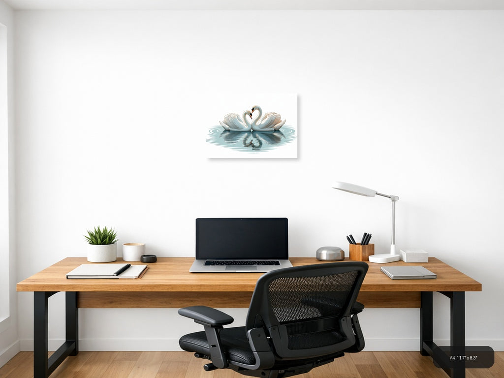 Two White Swans Forming Heart Minimalist Wall Art — A4 / Office