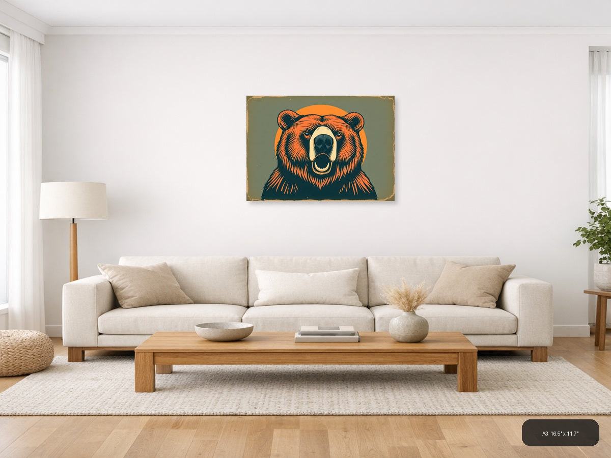 Vintage Bear Head Portrait Orange & Teal Wall Art — A3 / Living Room