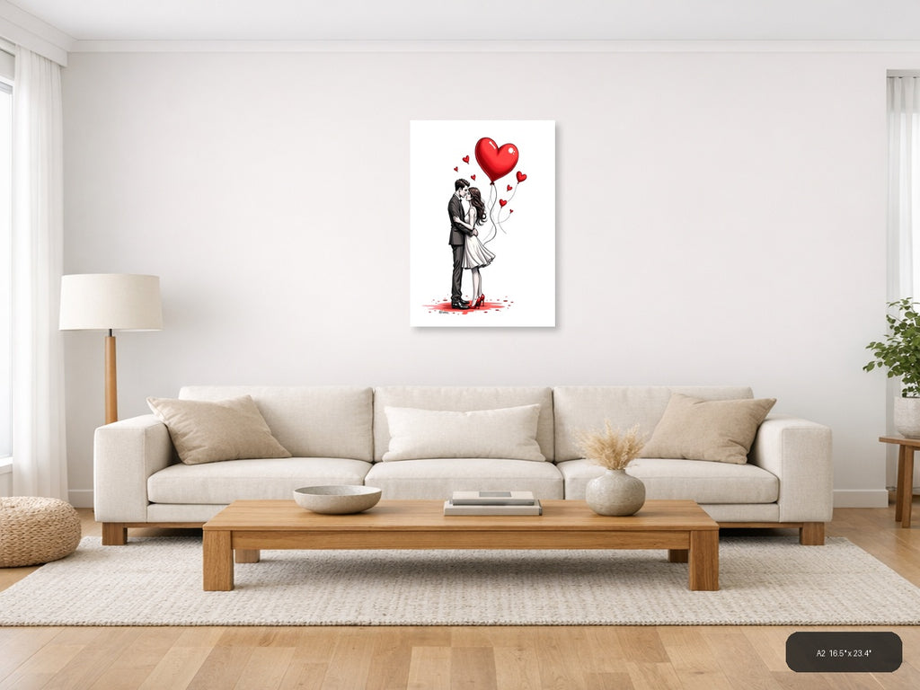 Couple Kissing Heart Balloons Line Art Wall Art — A2 / Living Room