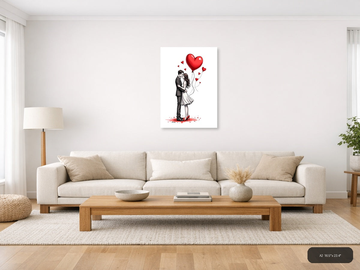 Couple Kissing Heart Balloons Line Art Wall Art — A2 / Living Room