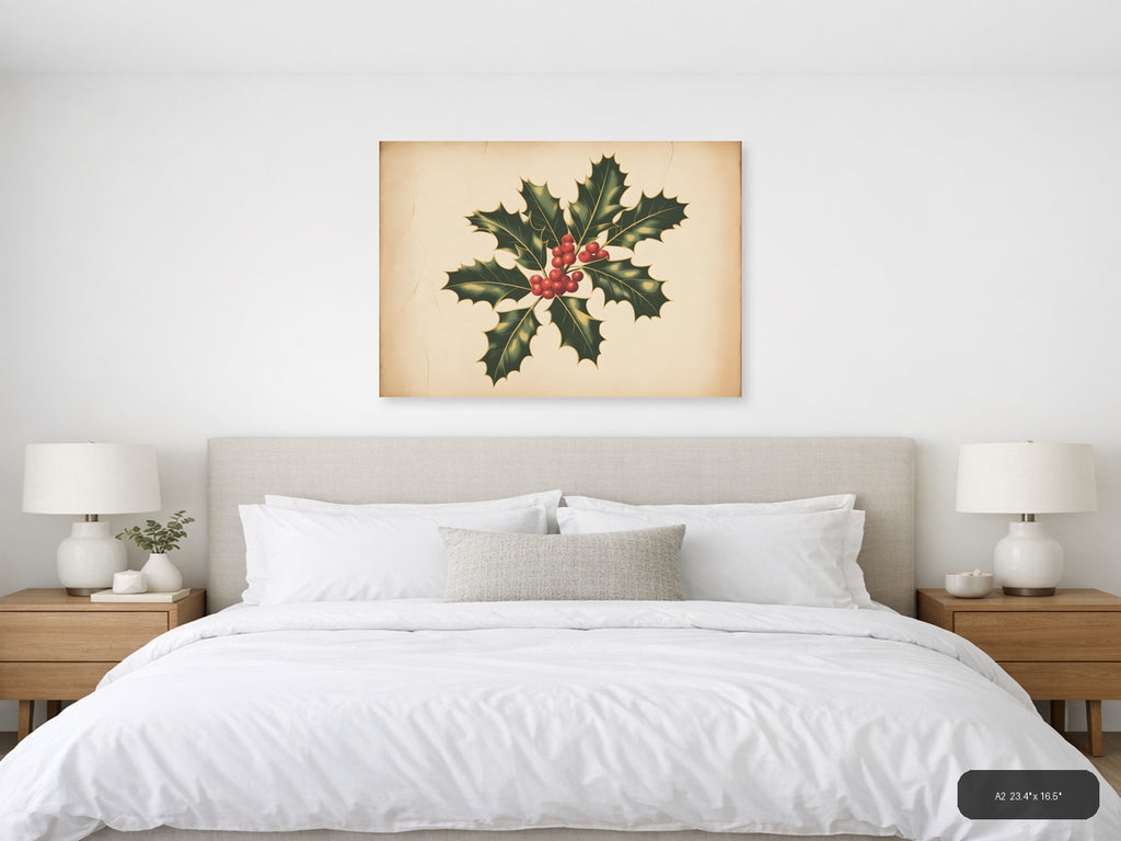 Vintage Holly Berries & Leaves Botanical Wall Art — A2 / Bedroom