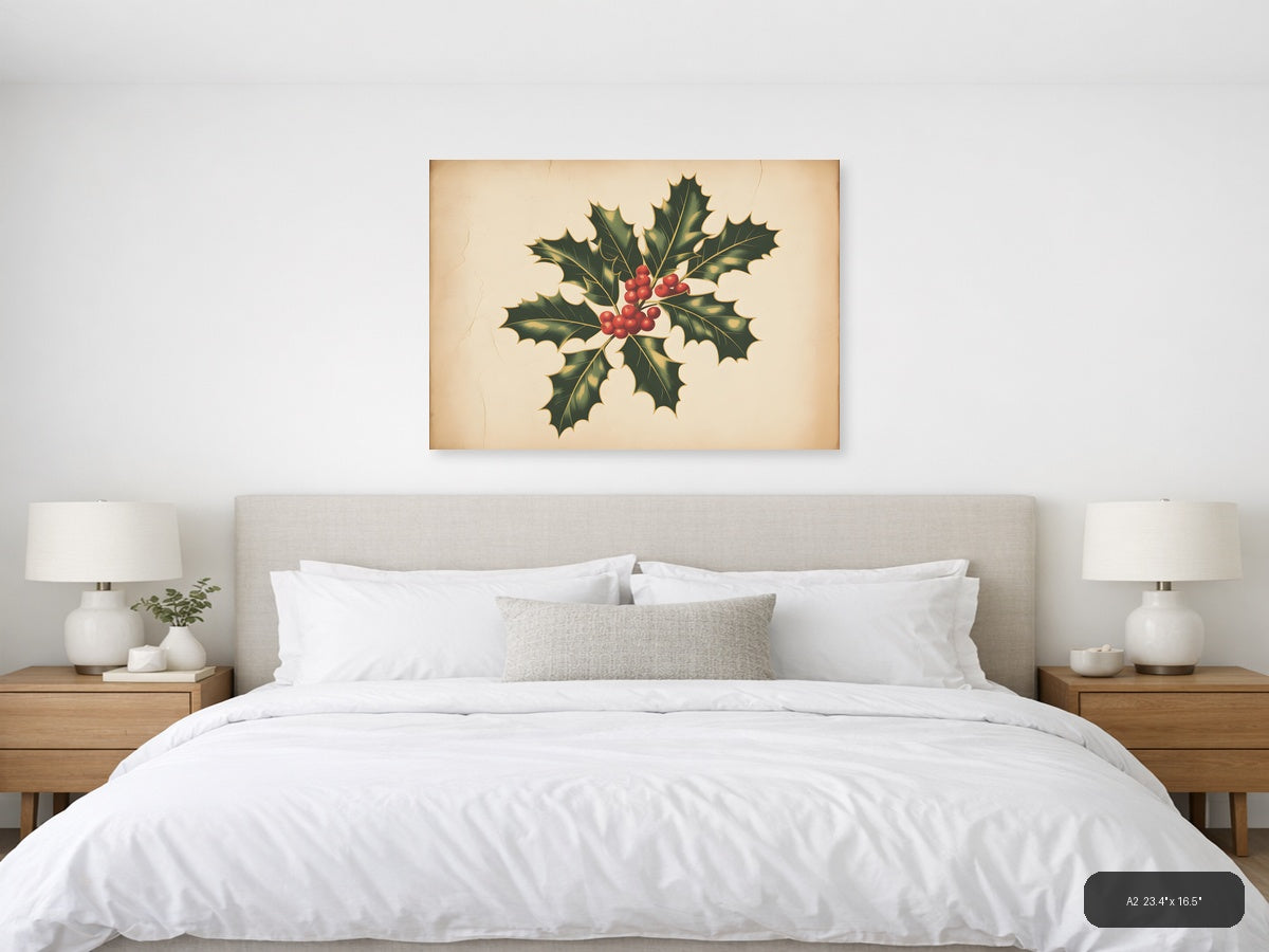 Vintage Holly Berries & Leaves Botanical Wall Art — A2 / Bedroom