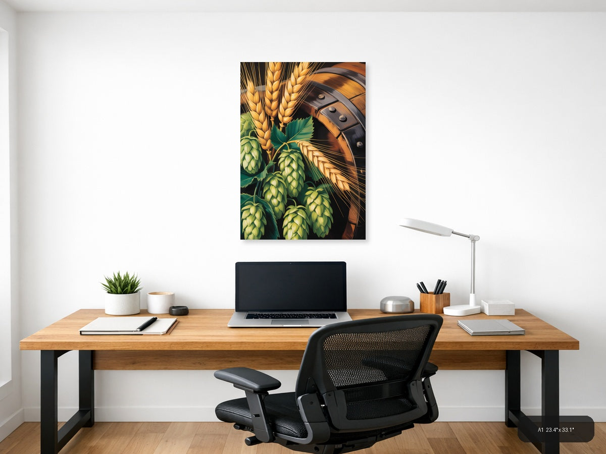 Beer Barrel & Hops Wheat Abstract Portrait Wall Art — A1 / Office