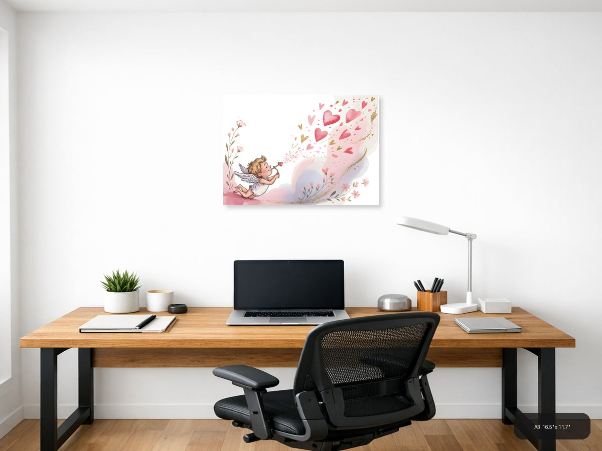 Cupid Blowing Hearts Watercolor Landscape Wall Art — A3 / Office