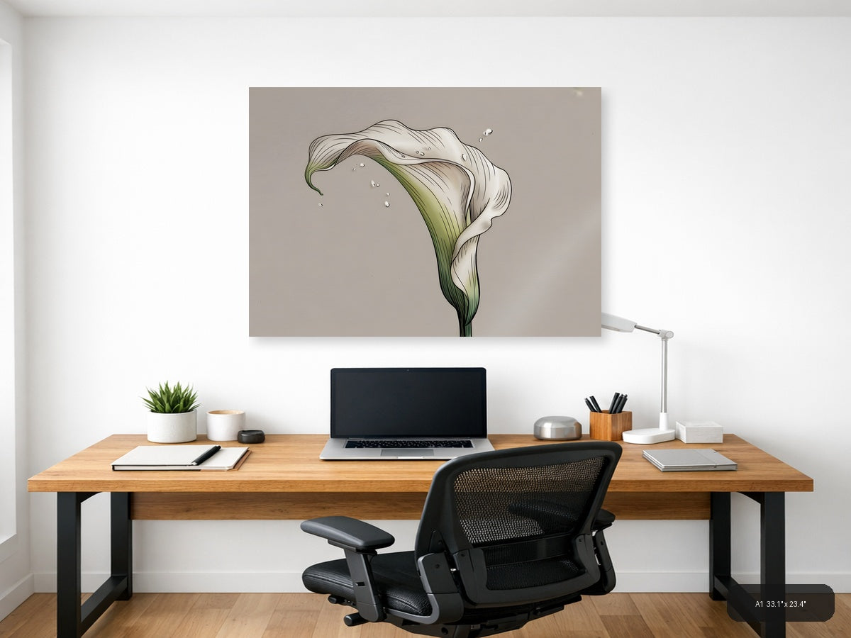 White Calla Lily with Water Drops Line Art Wall Art — A1 / Office