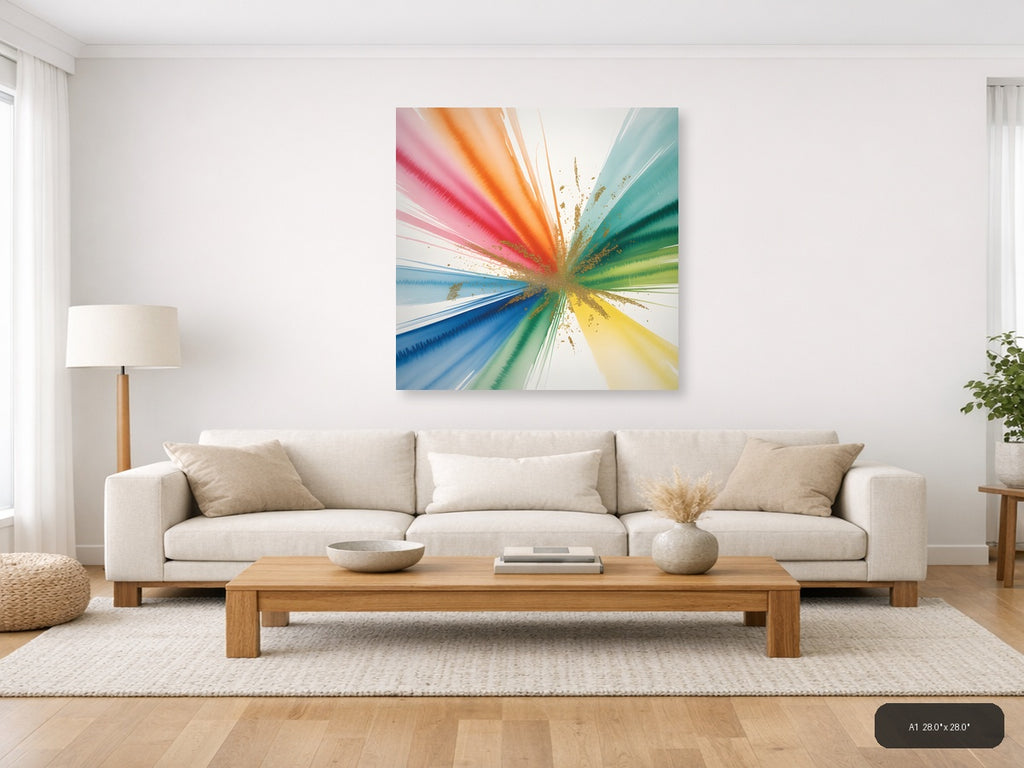 Rainbow Watercolor Burst with Gold Splatter Wall Art — A1 / Living Room