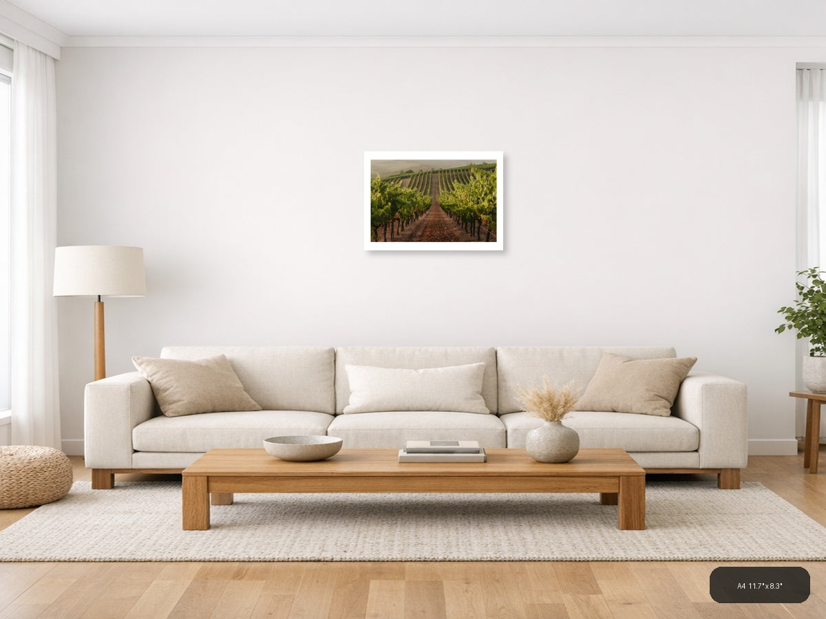 Misty Vineyard Rows Minimalist Landscape Wall Art — A4 / Living Room