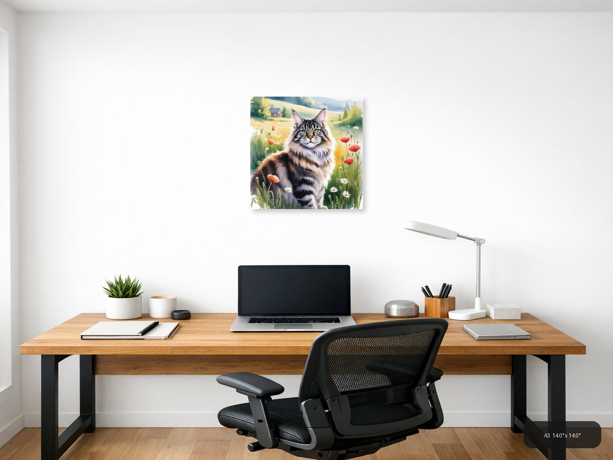 Fluffy Tabby Cat in Wildflower Meadow Watercolor Wall Art — A3 / Office