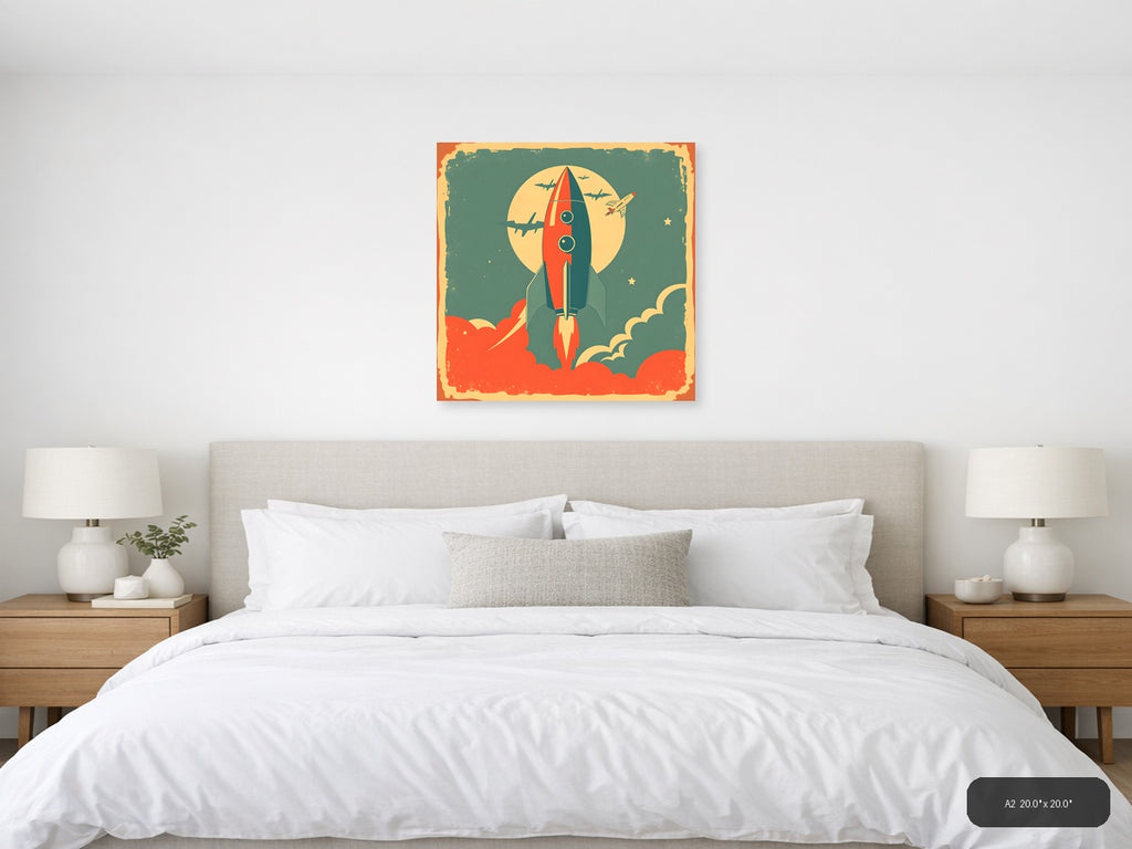 Vintage Rocket Launch Illustration Square Wall Art — A2 / Bedroom