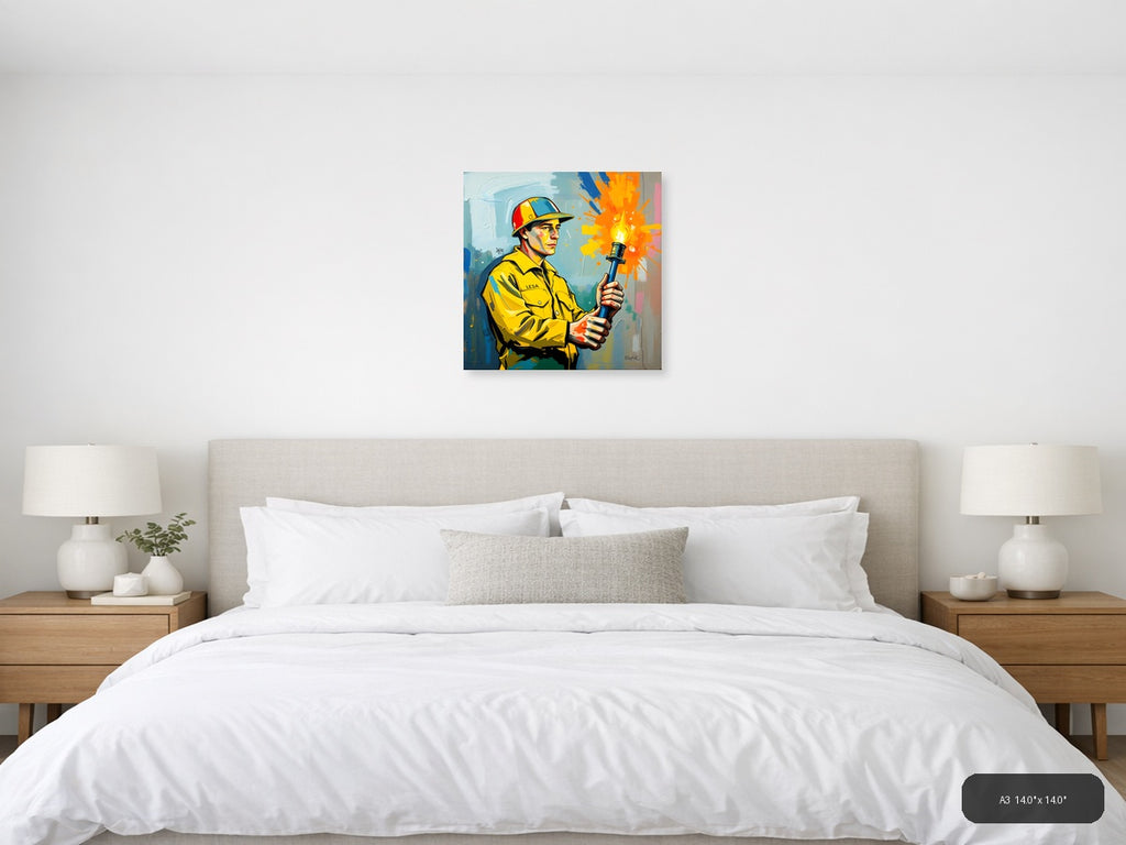 Firefighter with Torch Abstract Modern Wall Art — A3 / Bedroom
