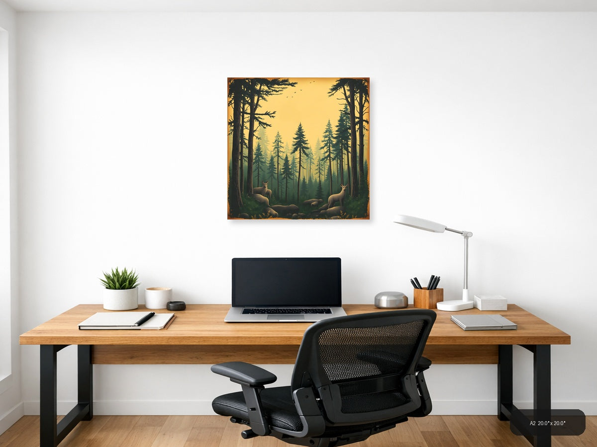 Vintage Forest Deer Golden Hour Wall Art — A2 / Office