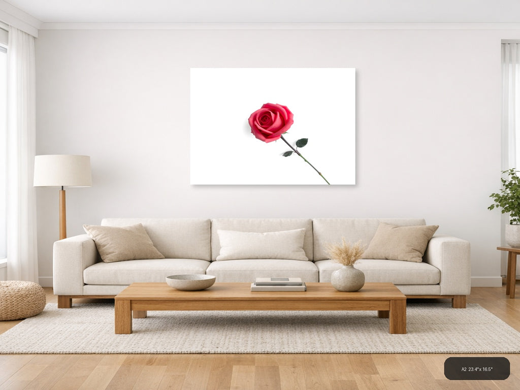 Minimalist Pink Rose on White Background Wall Art — A2 / Living Room