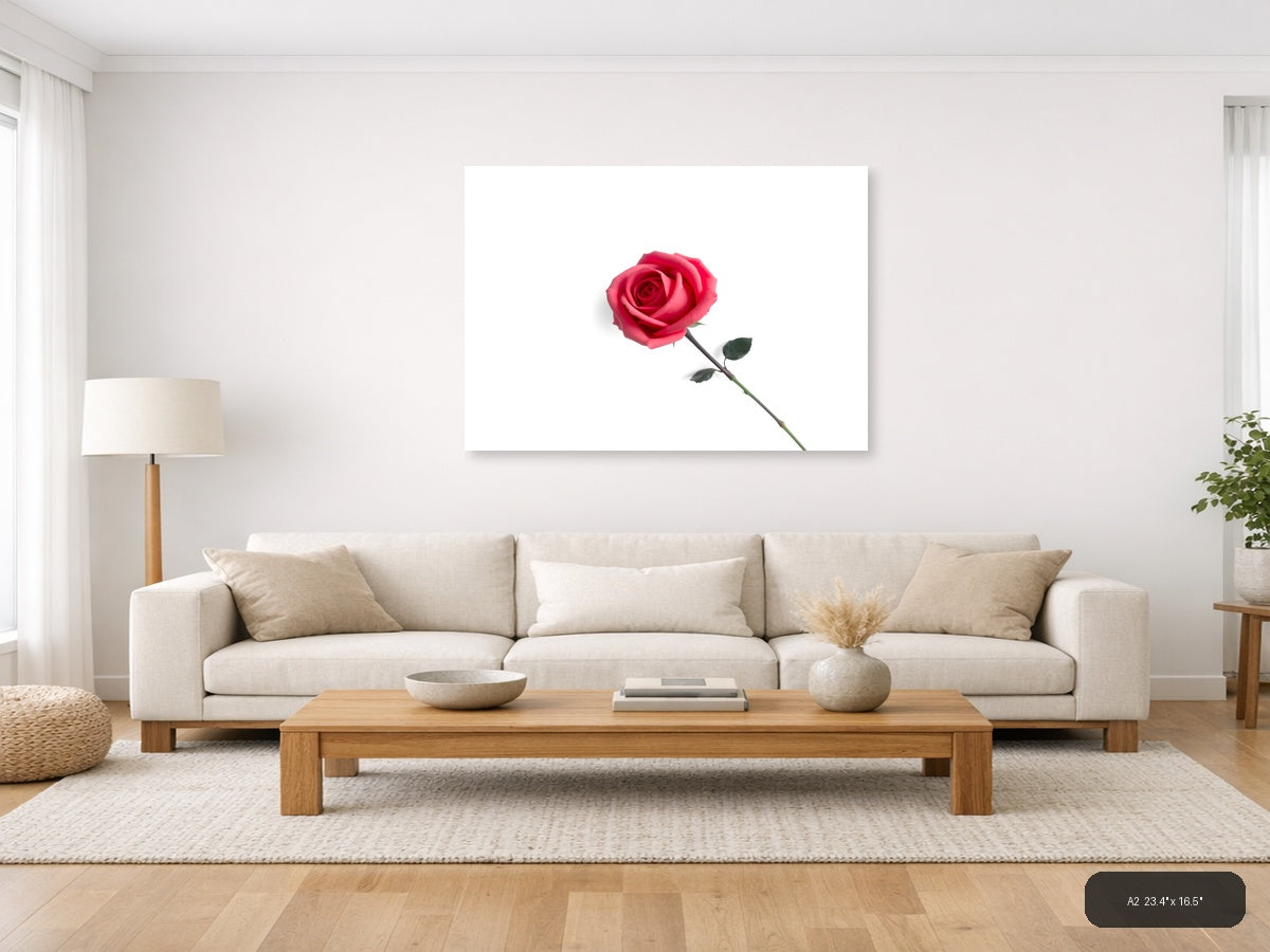 Minimalist Pink Rose on White Background Wall Art — A2 / Living Room