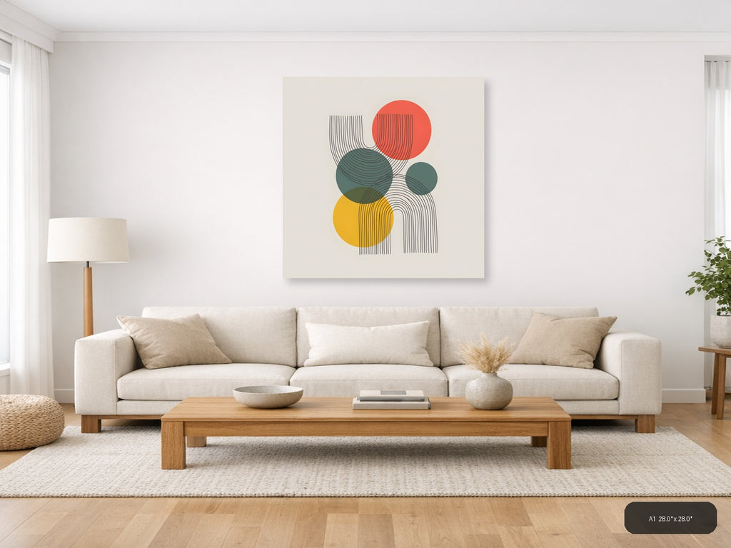 Abstract Geometric Line Art with Colourful Circles Wall Art — A1 / Living Room
