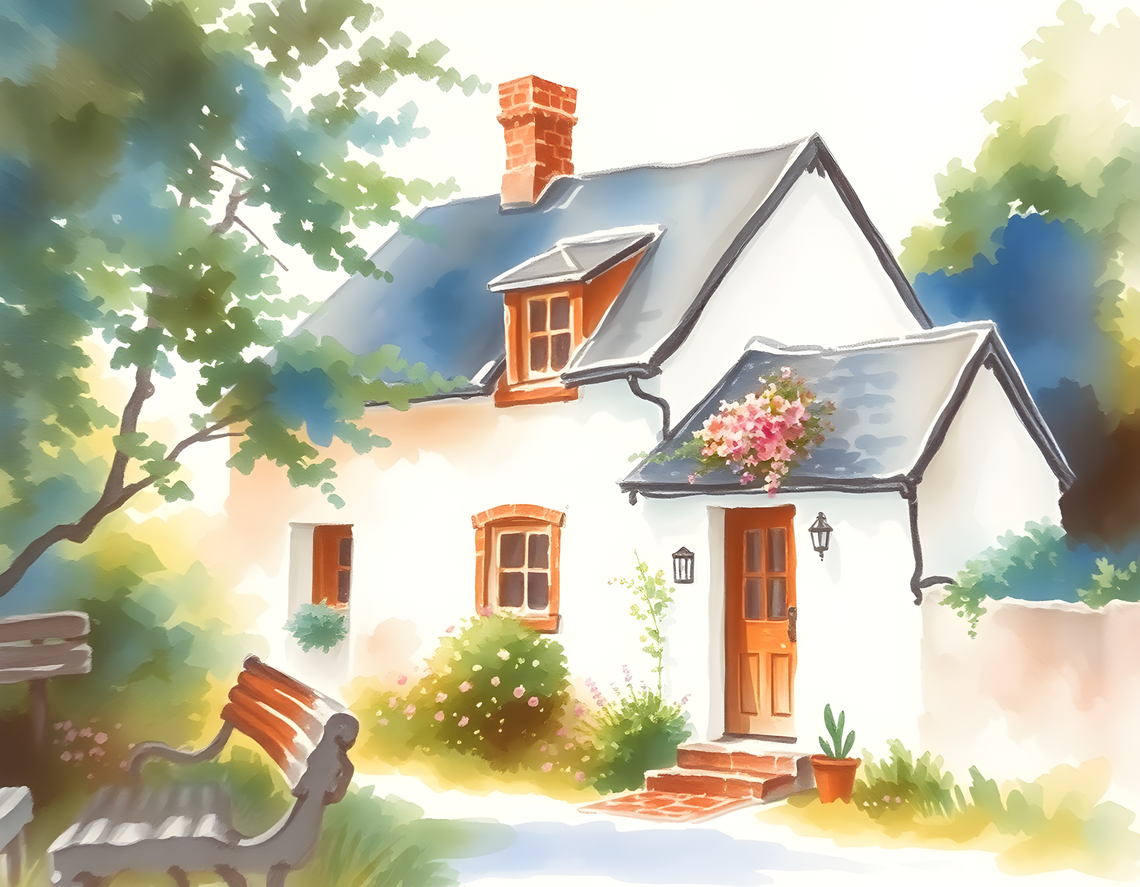 Charming Cottage Watercolor Landscape Wall Art