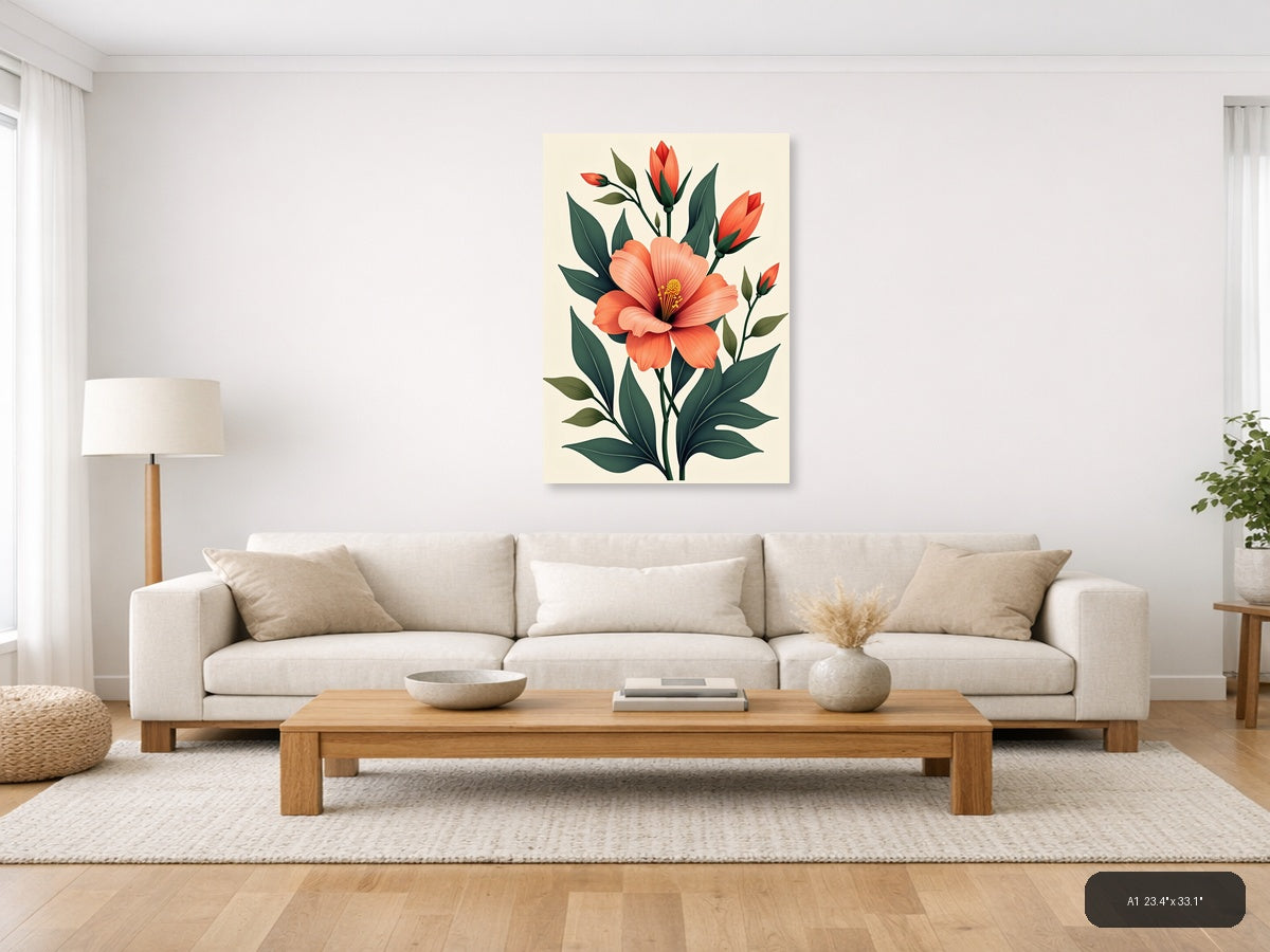 Coral Hibiscus Botanical Illustration Portrait Wall Art — A1 / Living Room