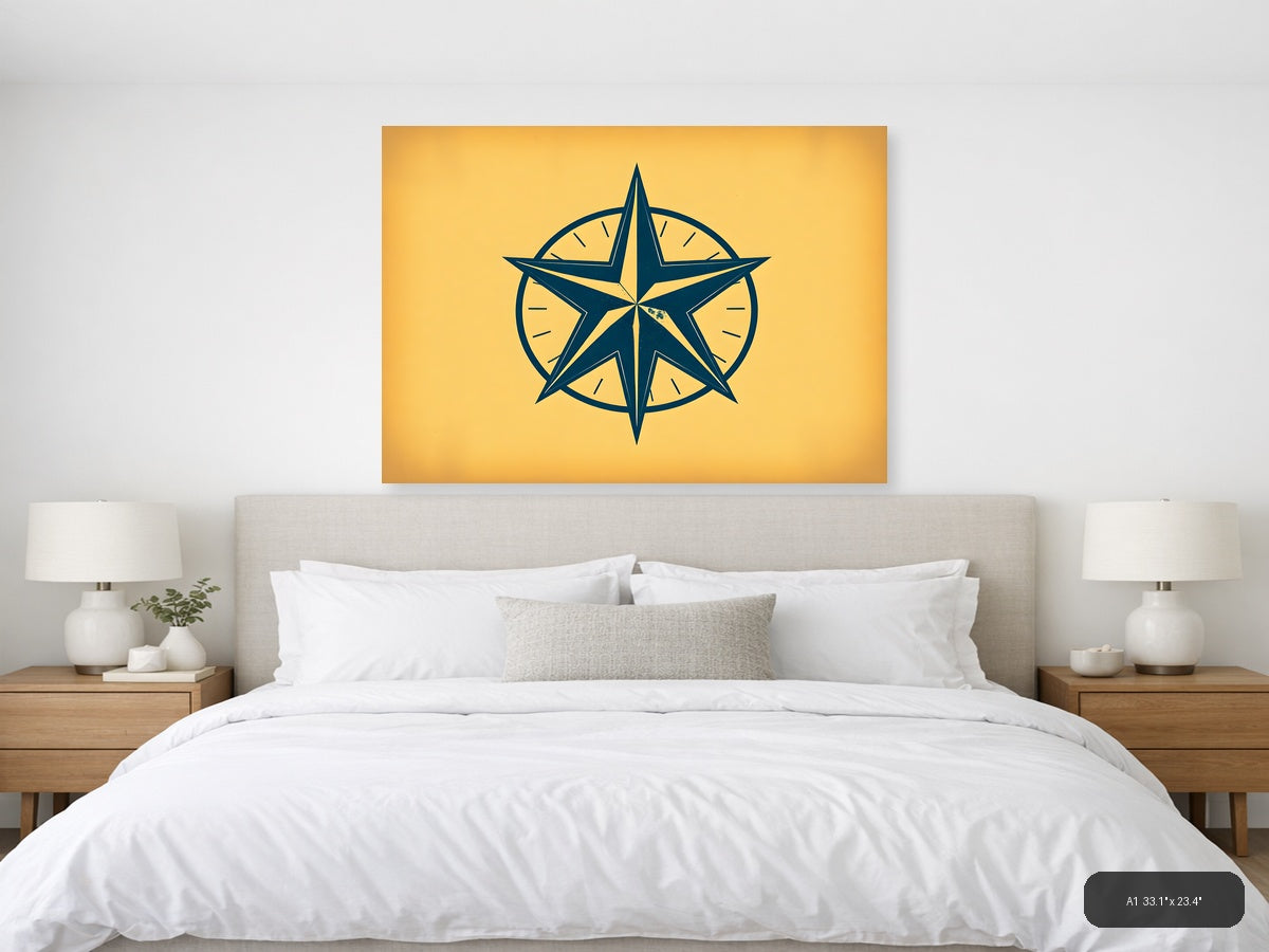 Vintage Nautical Compass Star Navy Blue Wall Art — A1 / Bedroom