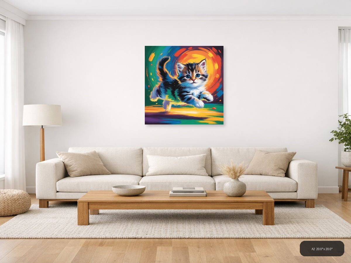 Colorful Abstract Kitten with Blue Eyes Wall Art — A2 / Living Room