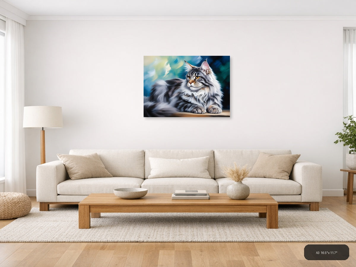 Majestic Tabby Cat with Golden Eyes Abstract Wall Art — A3 / Living Room