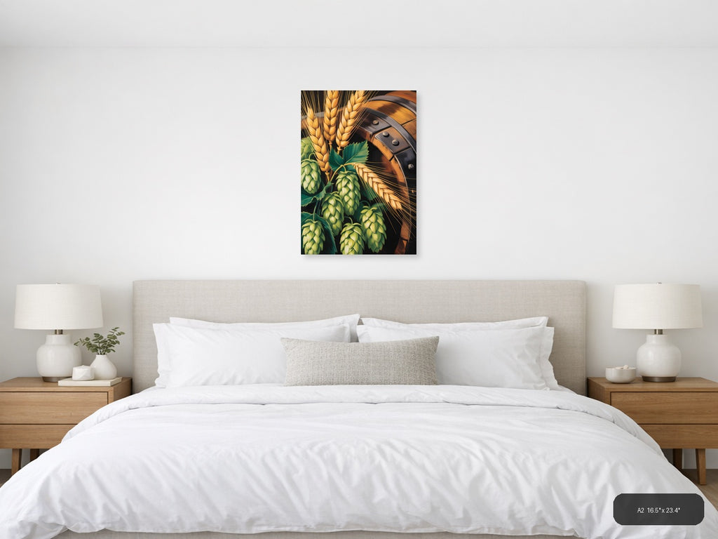 Beer Barrel & Hops Wheat Abstract Portrait Wall Art — A2 / Bedroom