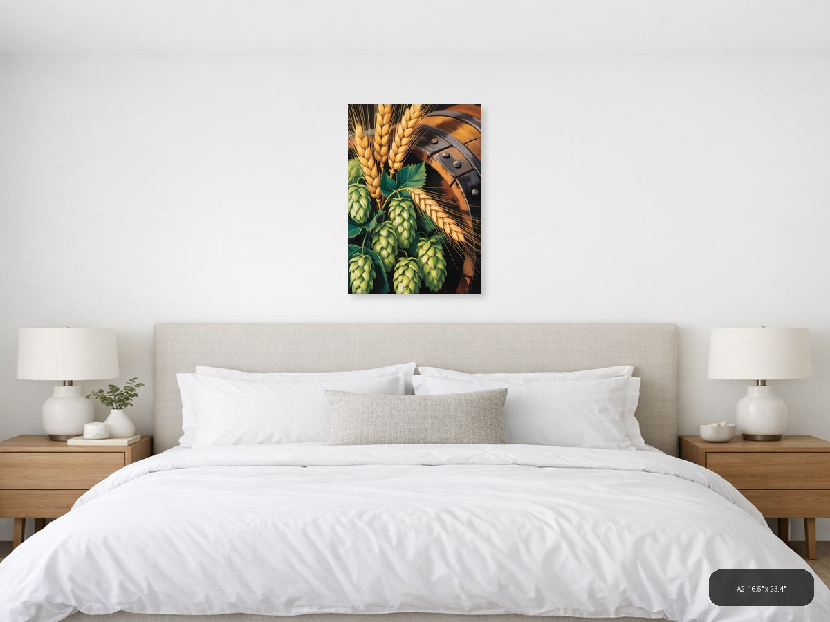 Beer Barrel & Hops Wheat Abstract Portrait Wall Art — A2 / Bedroom