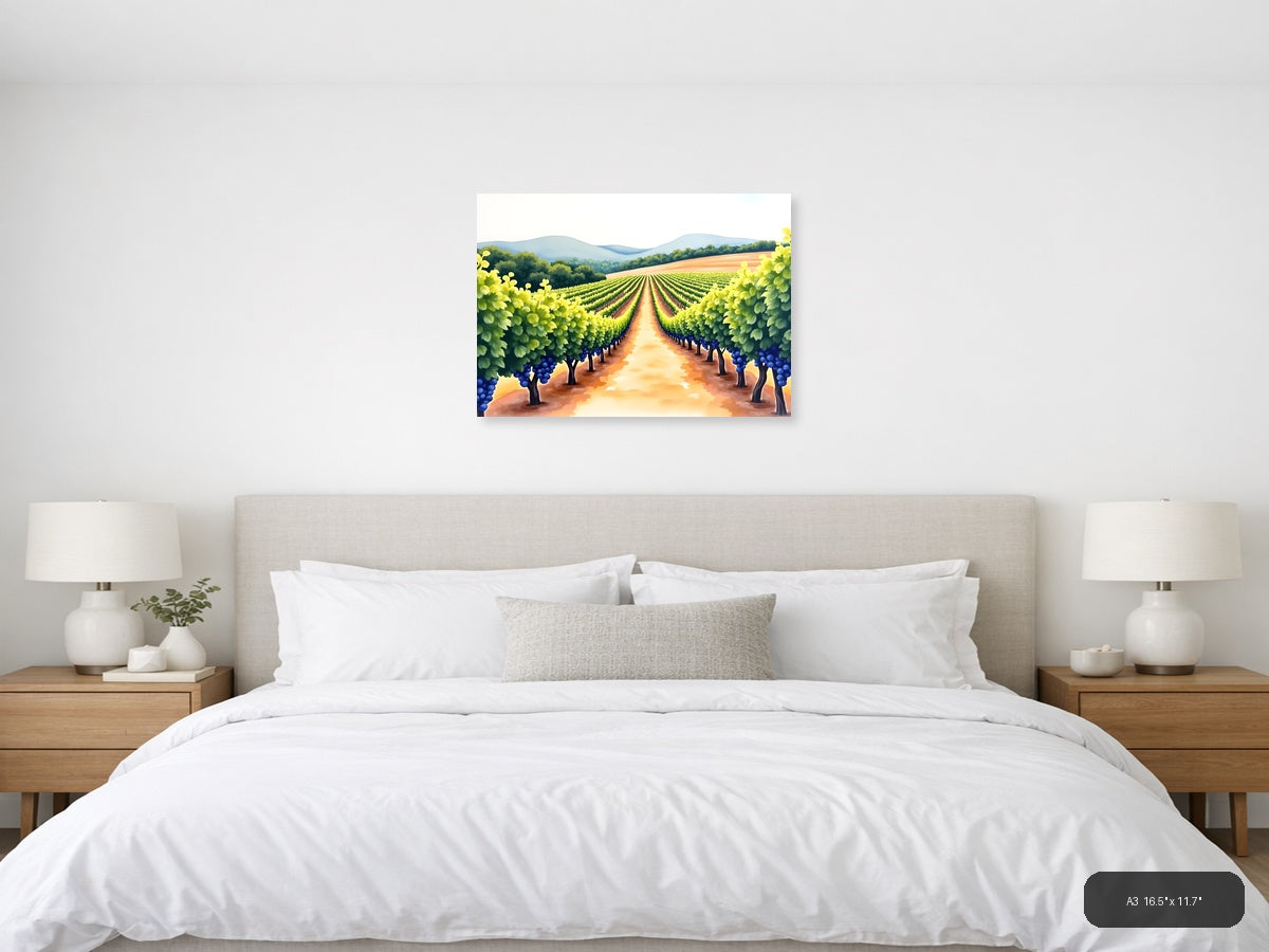 Vineyard Landscape Watercolor Wall Art — A3 / Bedroom