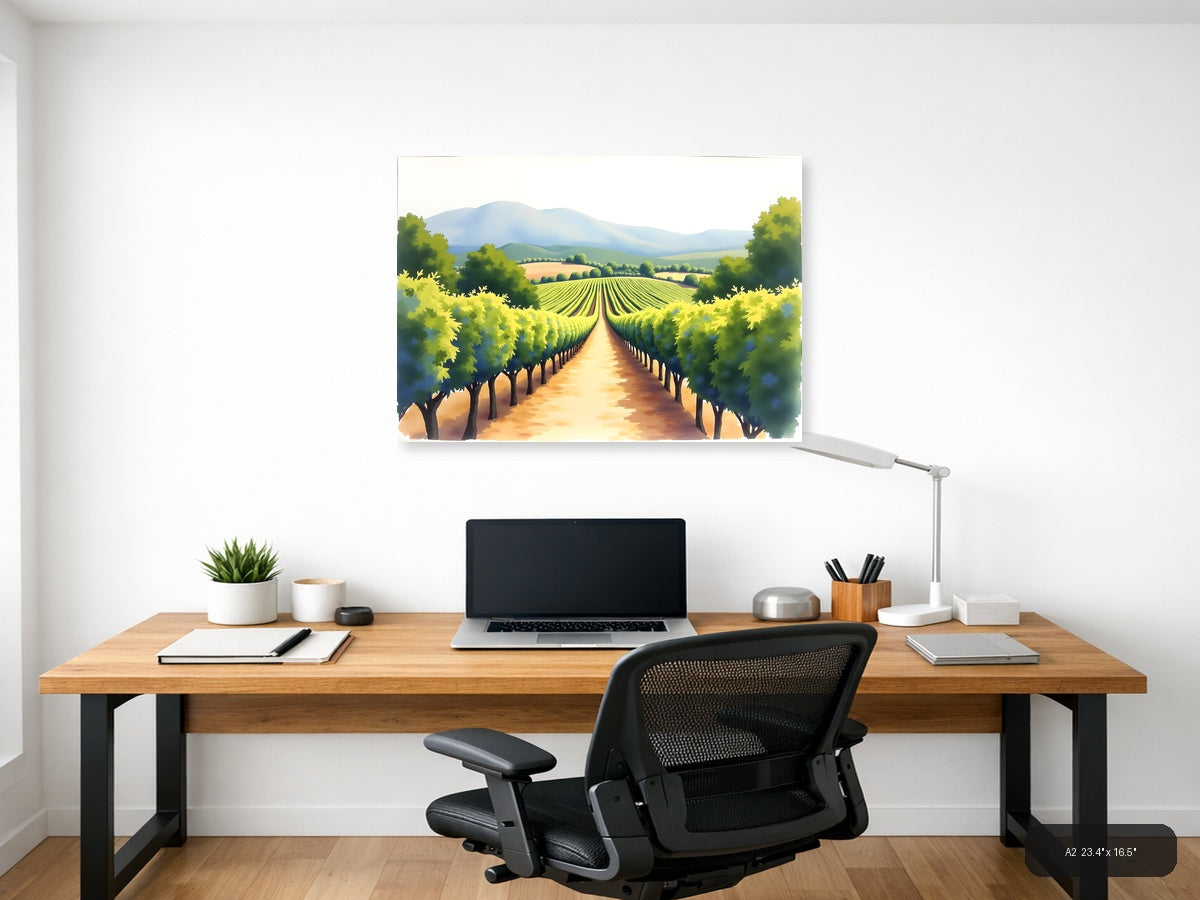 Vineyard Valley Watercolor Landscape Wall Art — A2 / Office