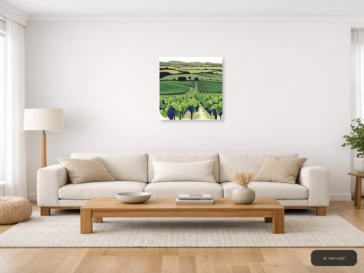 Minimalist Vineyard Landscape with Rolling Hills Wall Art — A3 / Living Room