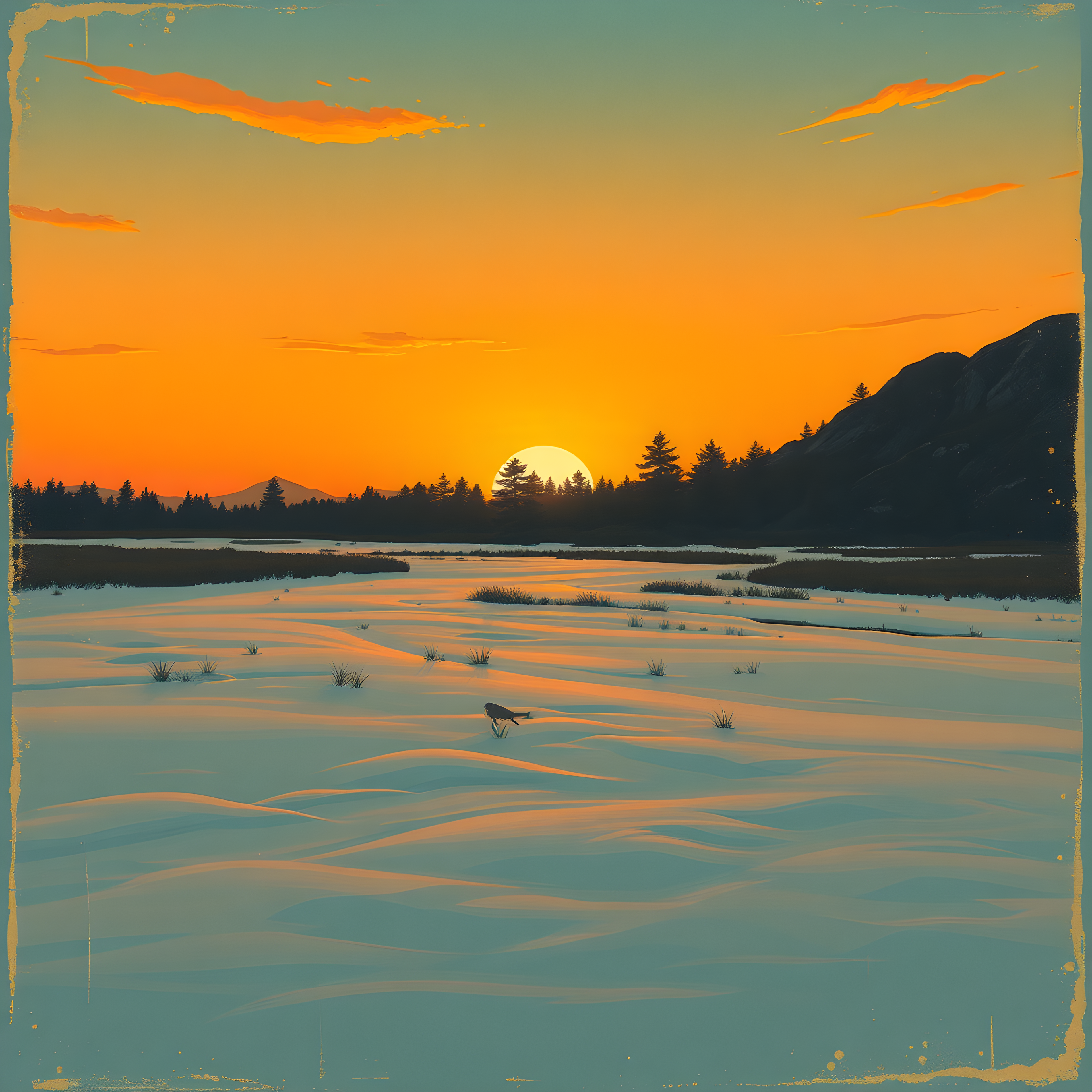 Vintage Sunset Over Frozen Lake - Landscape Wall Art