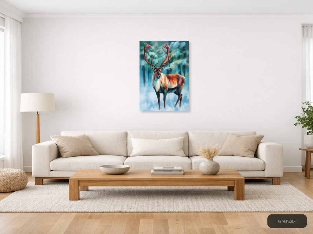 Majestic Red Deer Abstract Winter Forest Wall Art — A2 / Living Room