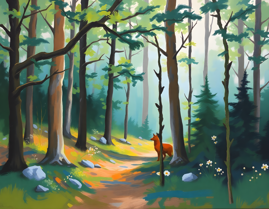 Forest Path with Fox - Modern Landscape Wall Art
