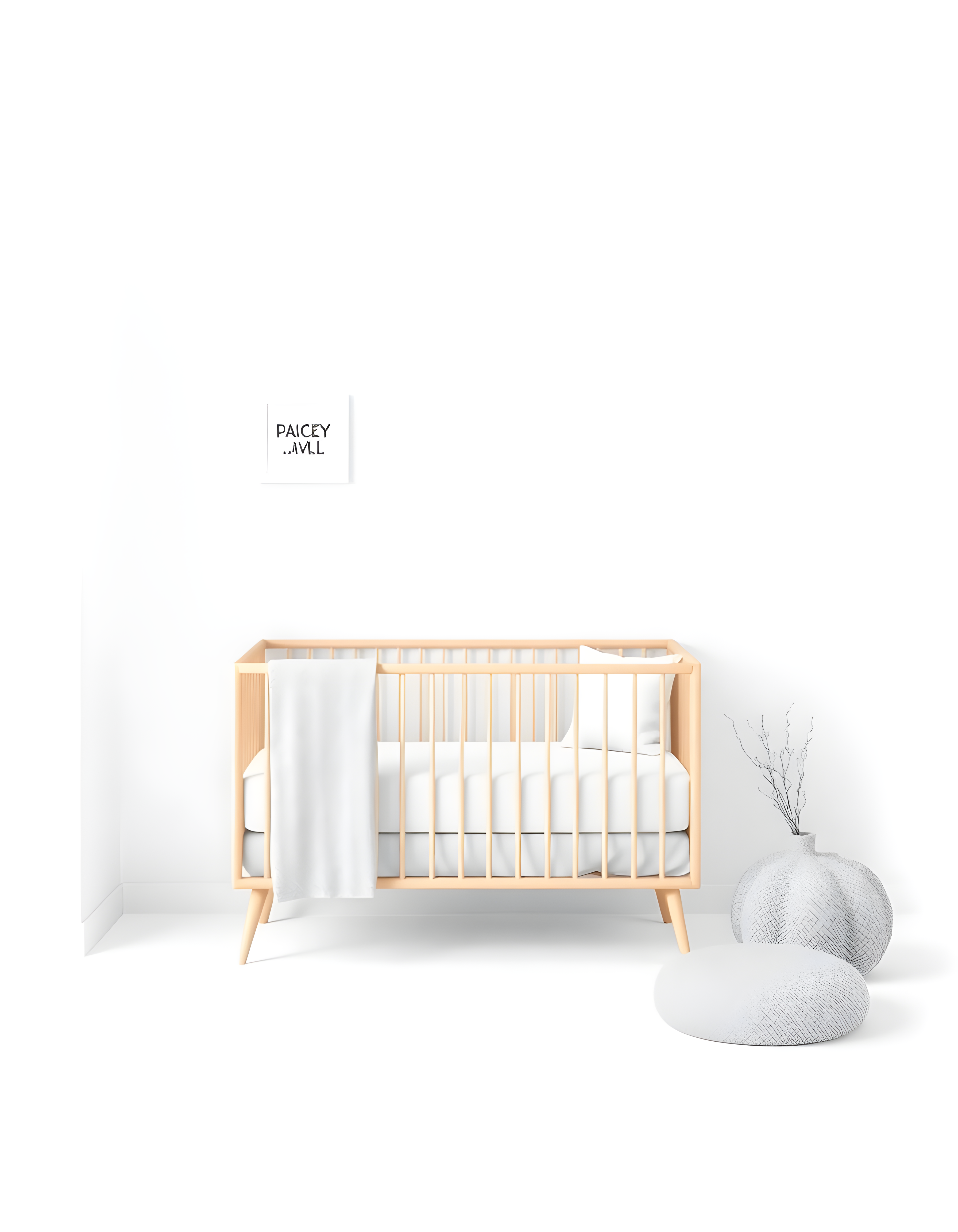 Minimalist Nursery Interior with Wooden Crib Wall Art