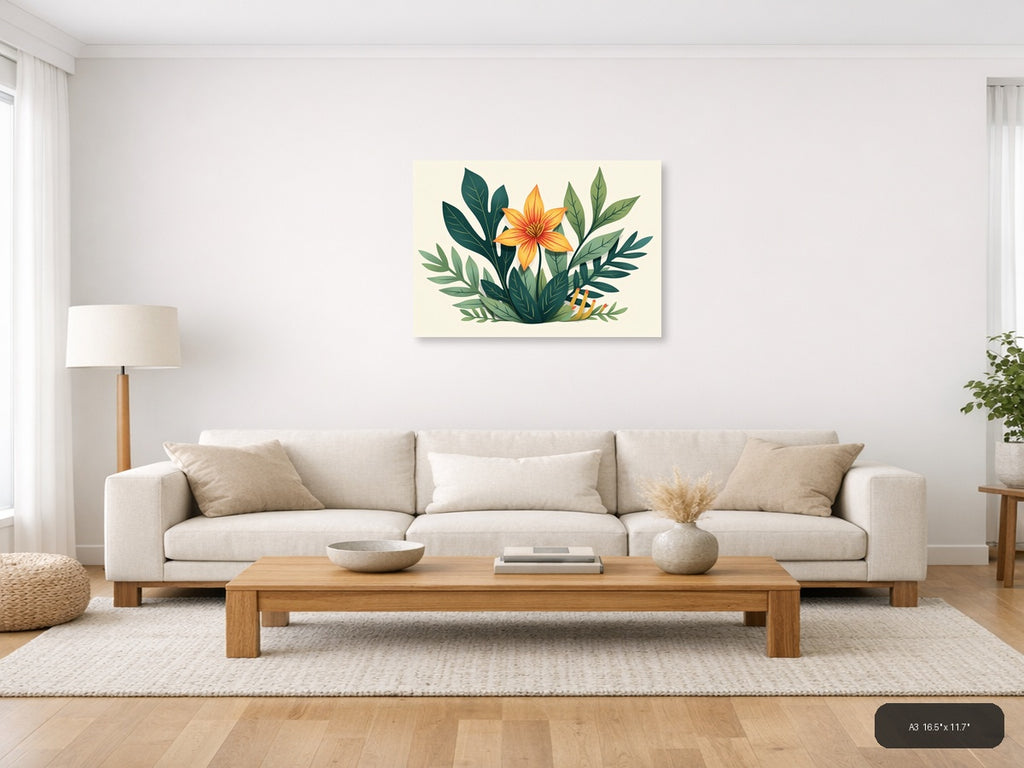 Botanical Orange Flower with Green Leaves Wall Art — A3 / Living Room