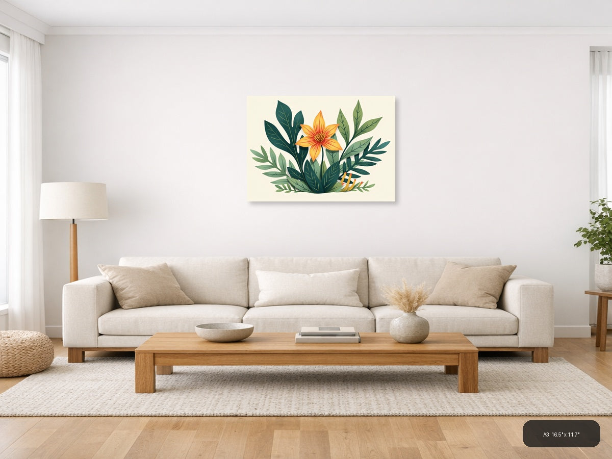 Botanical Orange Flower with Green Leaves Wall Art — A3 / Living Room