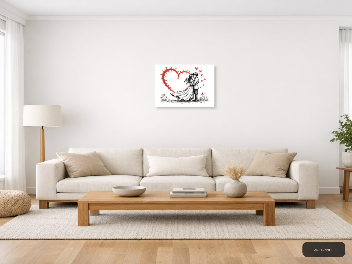 Couple Kissing Red Heart Line Art Wall Art — A4 / Living Room