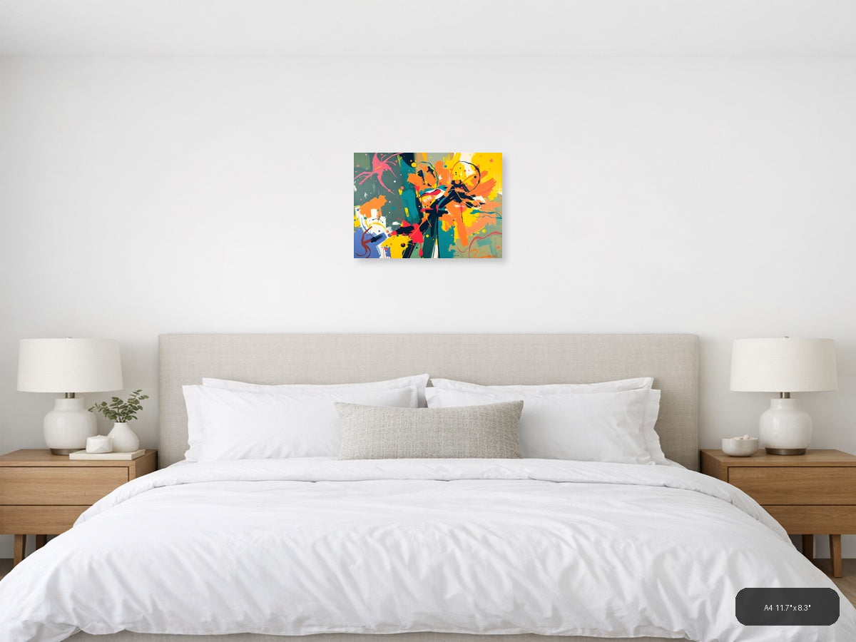 Vibrant Abstract Bird & Botanical Splash Wall Art — A4 / Bedroom